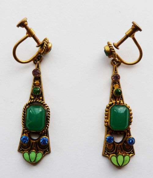 Czech green stones green enamel screw tops earrings