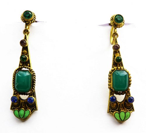 Czech green stones green enamel screw tops earrings