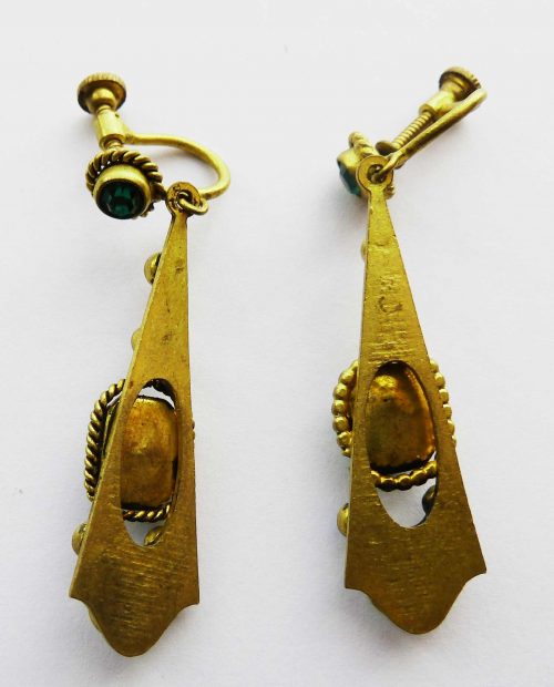 Czech vintge green stones green enamel screw tops earrings back