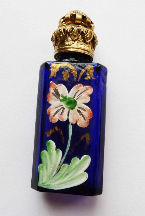 blue glass vintage painted flower scent bottle