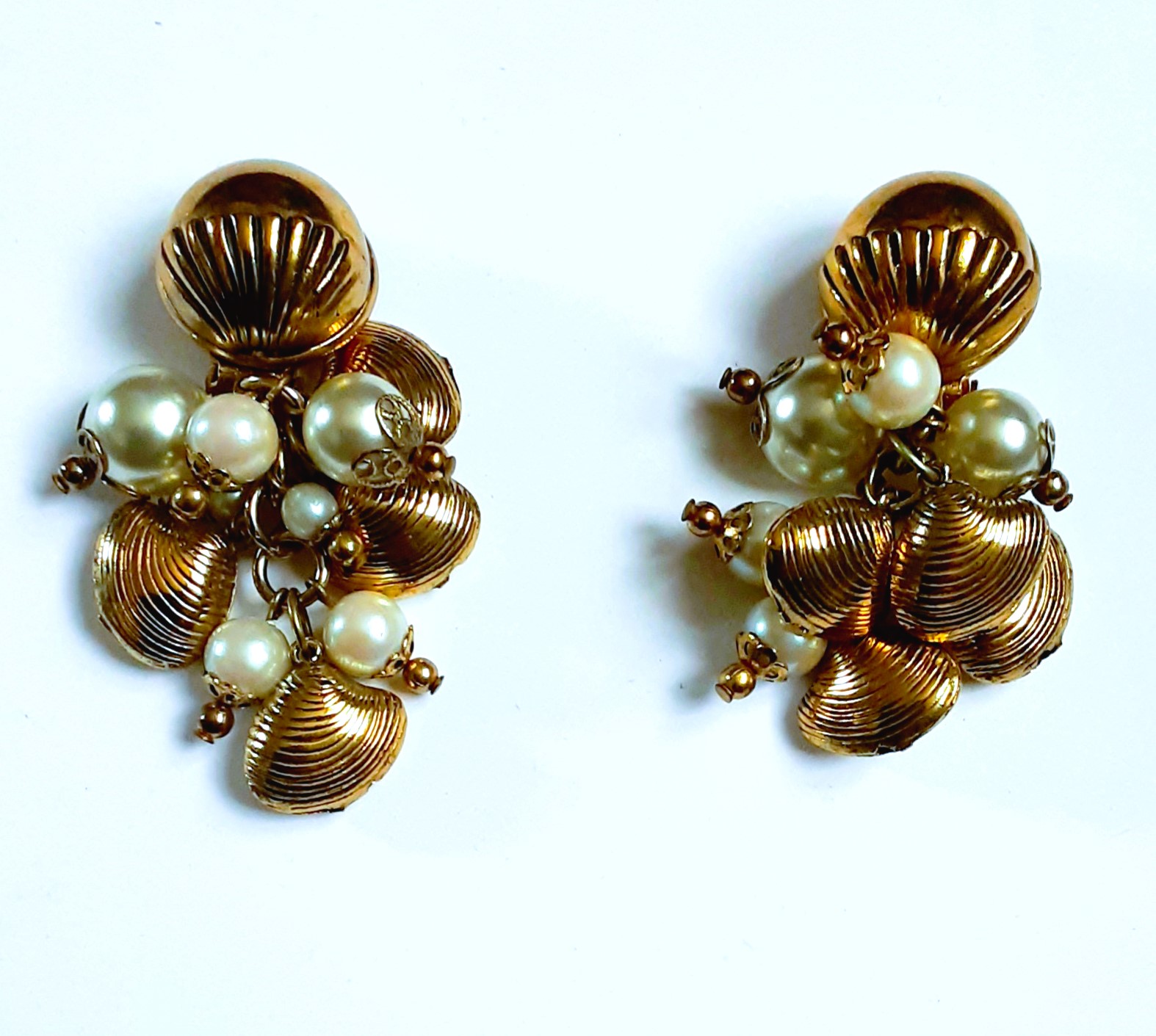 9ct Gold Scallop & Pearl Drop Stud Earrings | Posh Totty Designs