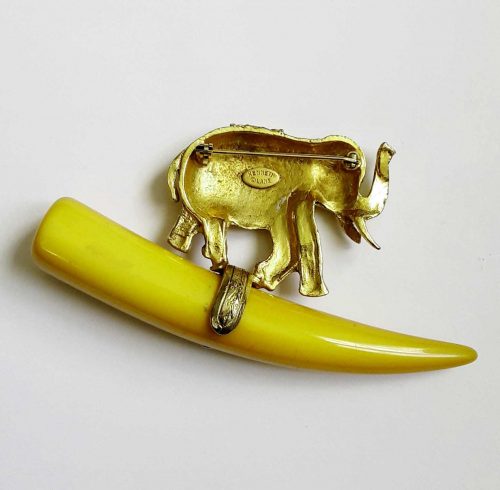 Kenneth Lane elephant brooch with bakelite tusk back