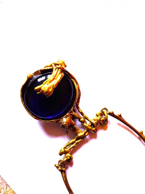 blue glass brass modernist necklace close up 4