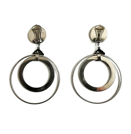 black enamel white metal hoops clip earrings
