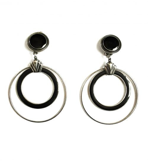 black enamel white metal hoops clip earrings